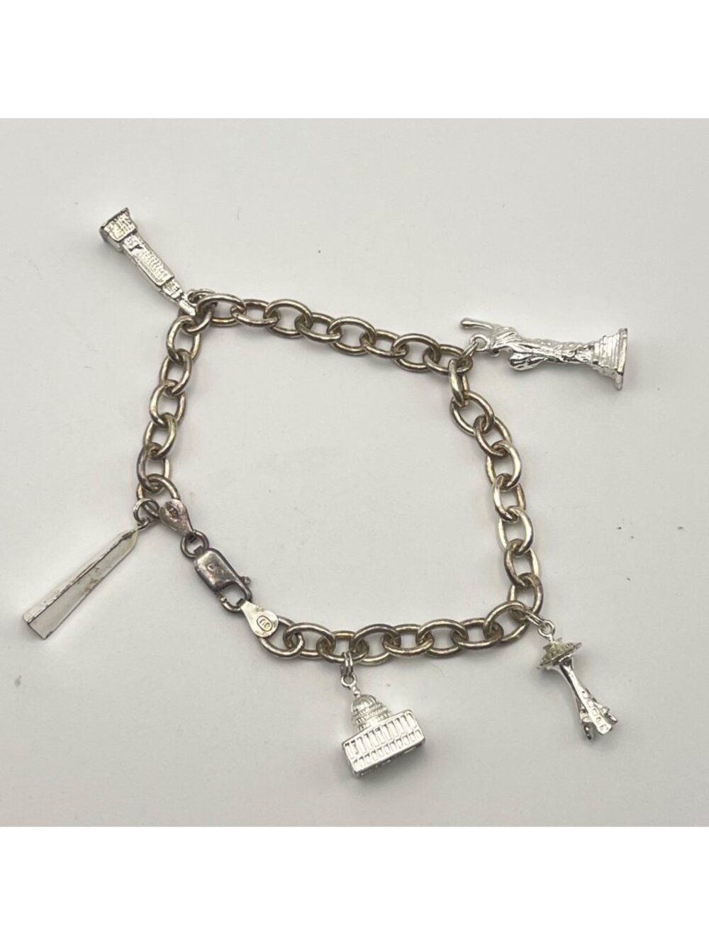 925 Sterling Silver USA Travel Landmark Charm Bracelet Italy 19.85g 7.5" Signed